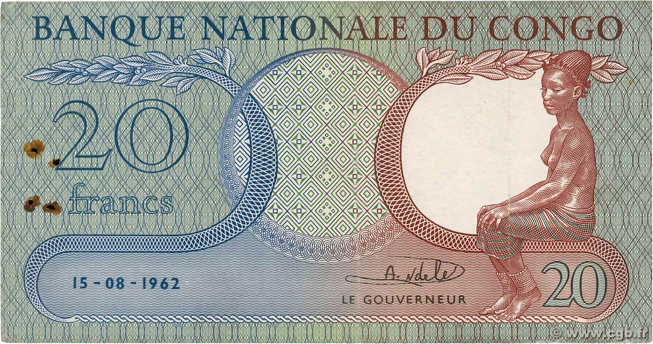 20 Francs RÉPUBLIQUE DÉMOCRATIQUE DU CONGO  1962 P.004a TTB