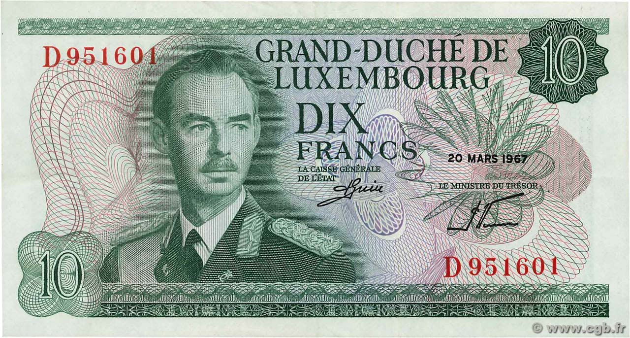 10 Francs LUSSEMBURGO  1967 P.53a SPL