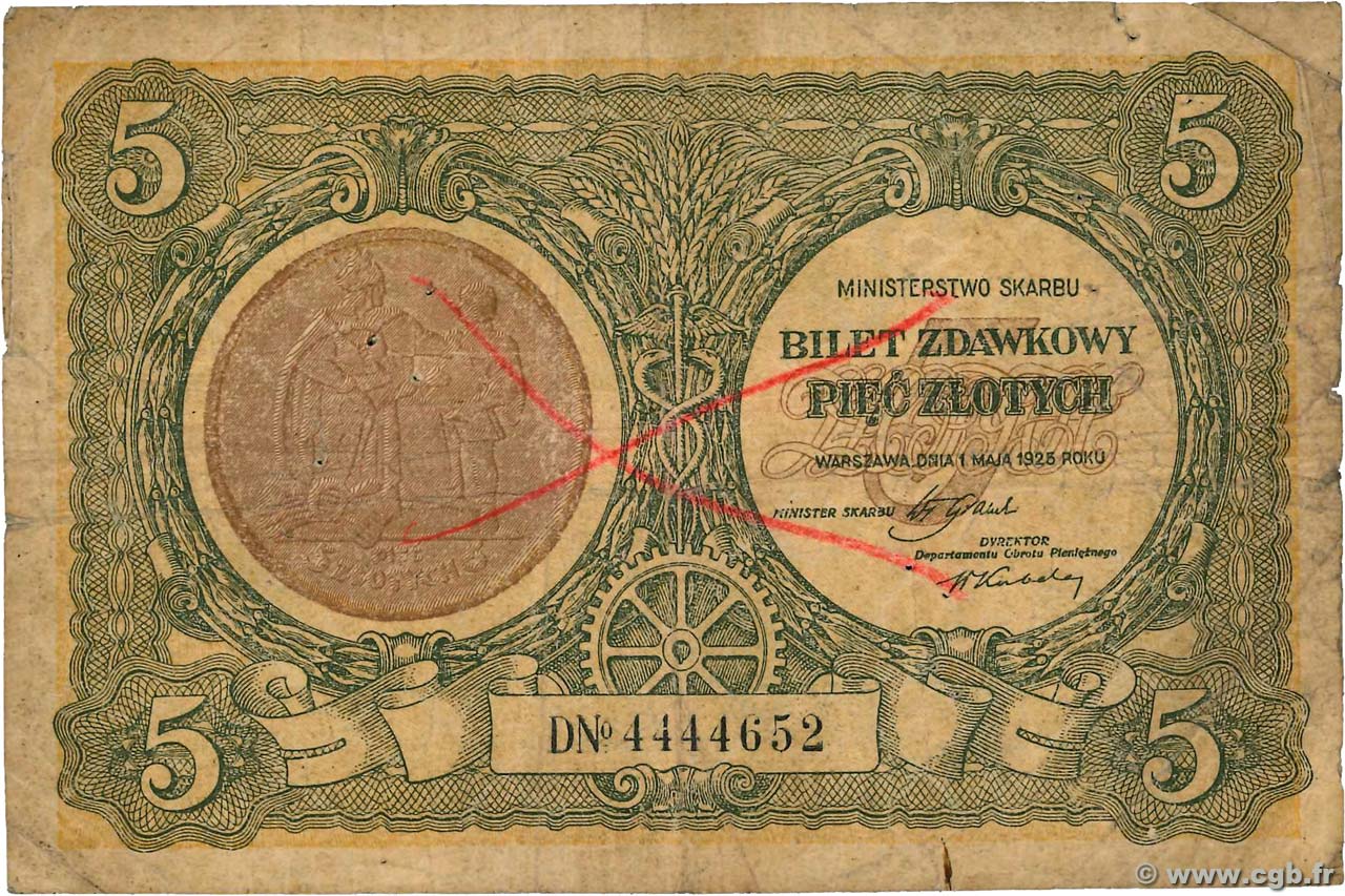 5 Zlotych POLAND  1925 P.048 F