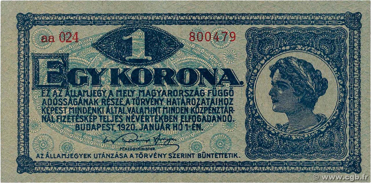 1 Korona HONGRIE  1920 P.057 pr.SPL
