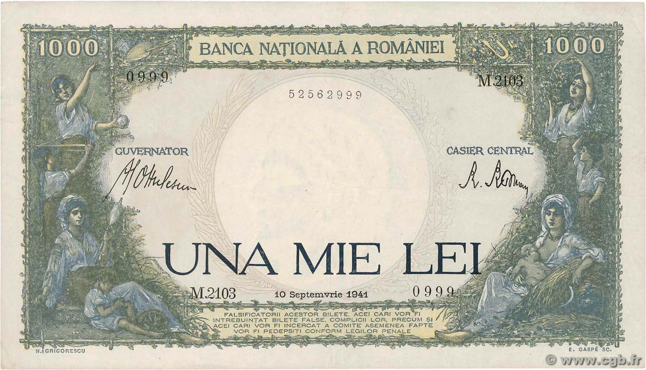 1000 Lei ROMANIA  1941 P.052a XF