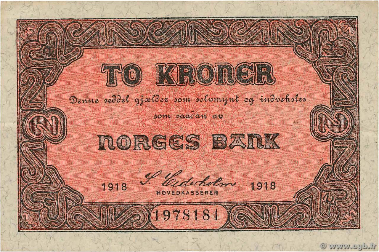 2 Kroner NORWAY  1918 P.14a VF
