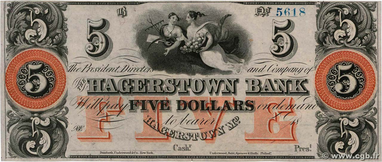 5 Dollars Non émis UNITED STATES OF AMERICA Hagerstown 1850  UNC