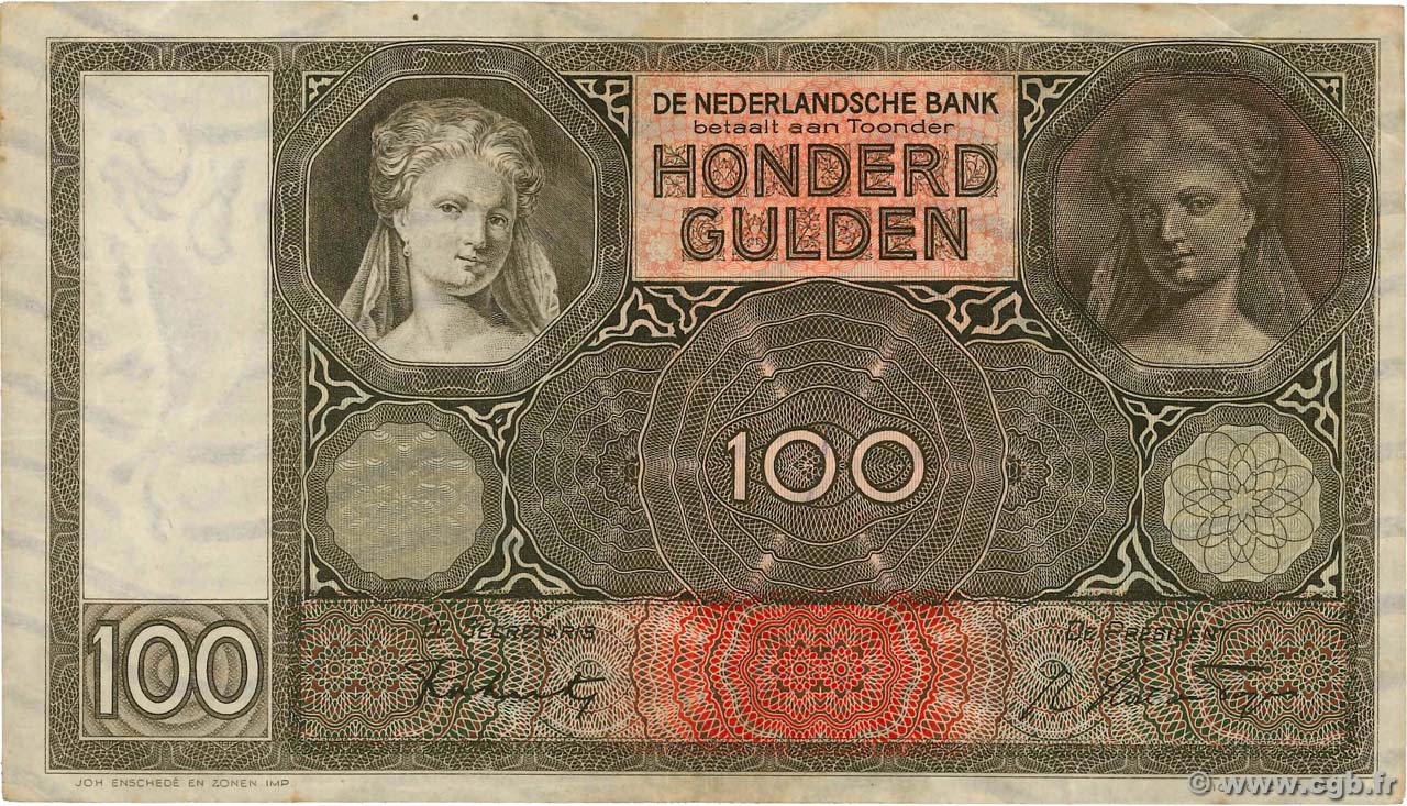 100 Gulden NETHERLANDS  1942 P.051c VF