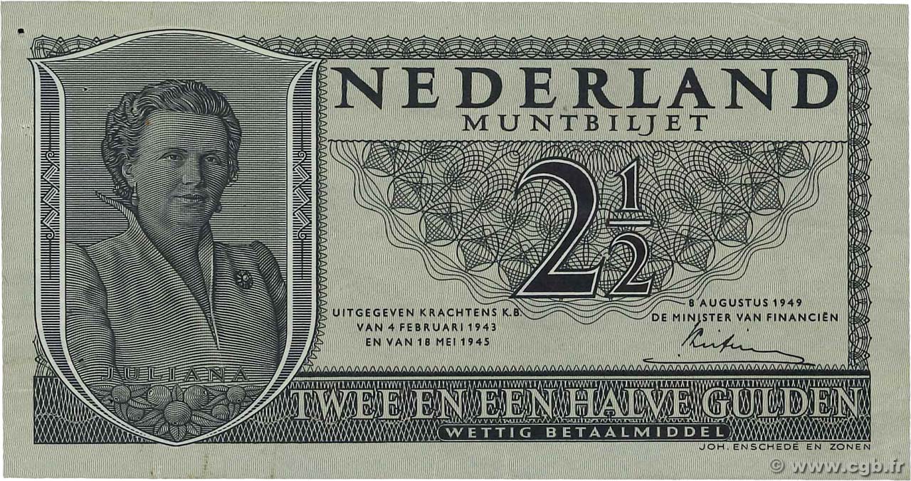 2,5 Gulden NETHERLANDS  1949 P.073 VF