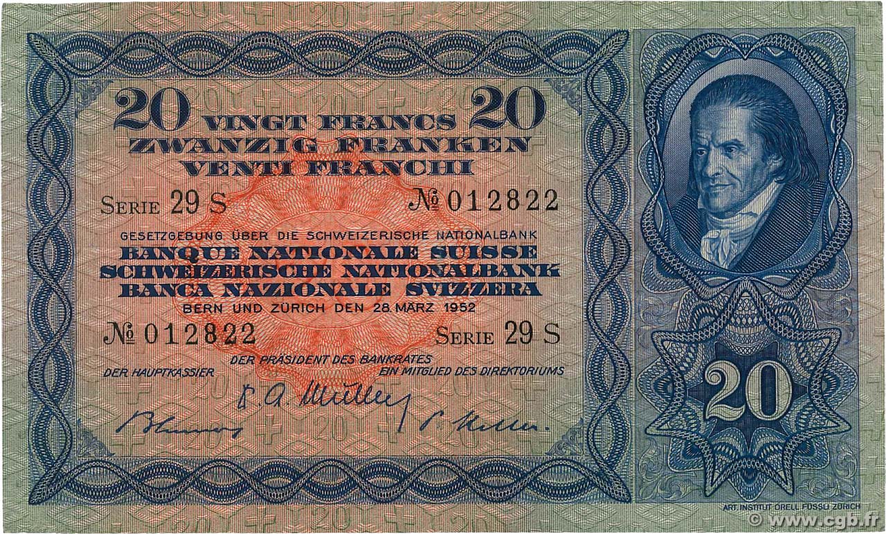 20 Francs SUISSE  1952 P.39t TTB