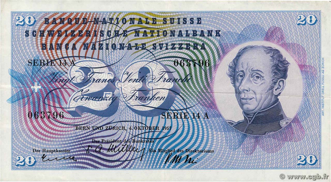 20 Francs SWITZERLAND  1957 P.46e VF