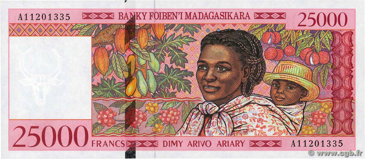 25000 Francs - 5000 Ariary MADAGASCAR  1998 P.082 UNC