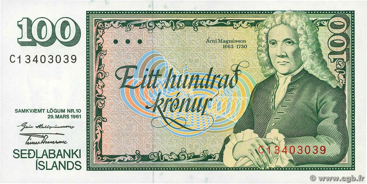 100 Kronur ICELAND  1961 P.50a UNC-