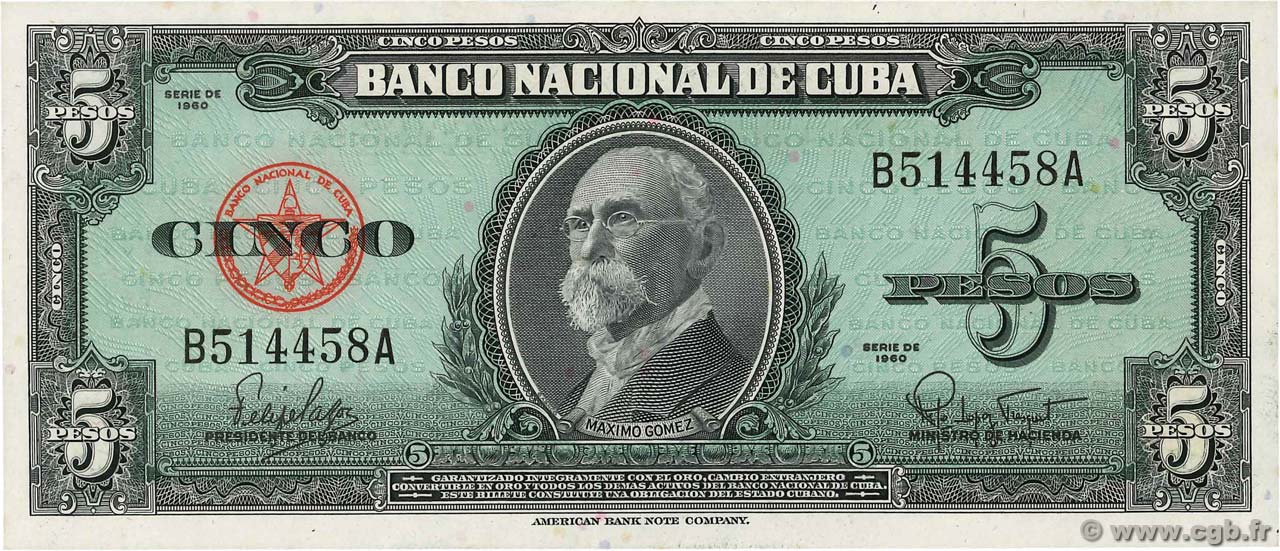 5 Pesos CUBA  1960 P.092a UNC