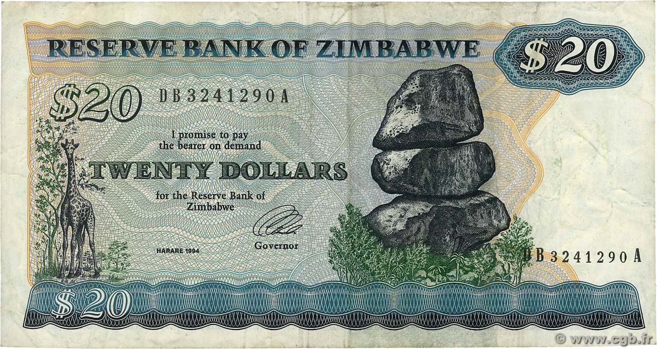 20 Dollars ZIMBABWE  1994 P.04d BB