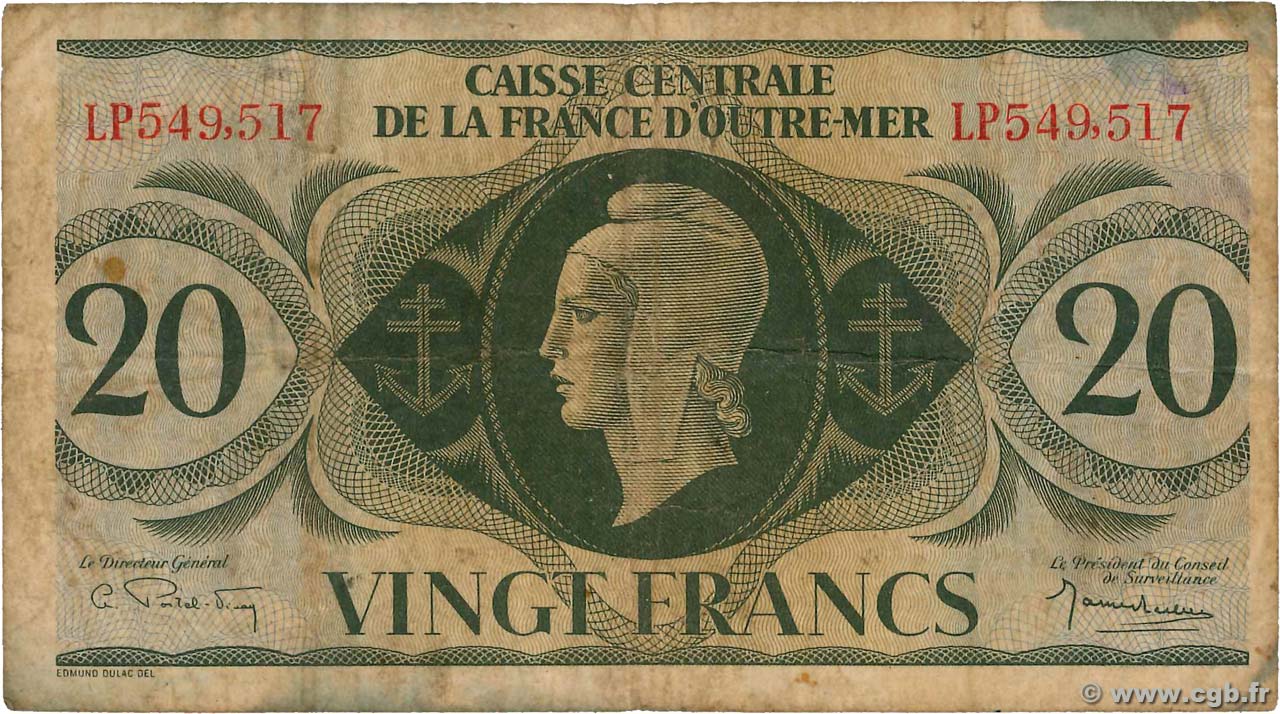 20 Francs FRENCH EQUATORIAL AFRICA  1943 P.17b VG