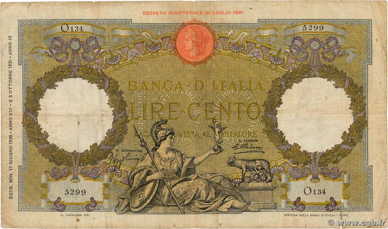100 Lire ITALY  1935 P.055a F
