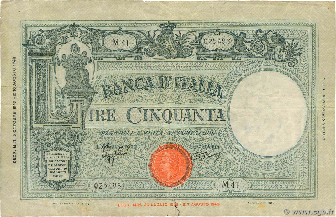 50 Lire ITALY  1943 P.065 F