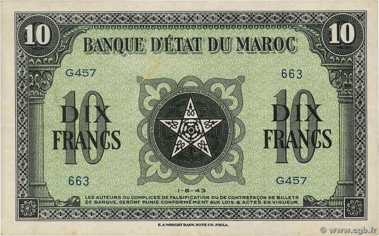 10 Francs MARUECOS  1943 P.25 EBC