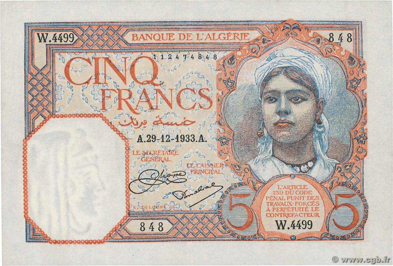 5 Francs ALGÉRIE  1933 P.077a TTB+