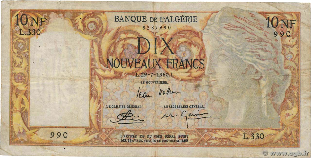 10 Nouveaux Francs ALGERIA  1960 P.119a MB
