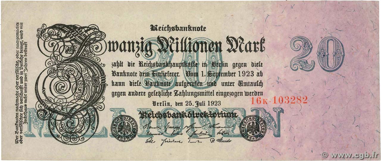 20 Millions Mark GERMANY  1923 P.097b XF
