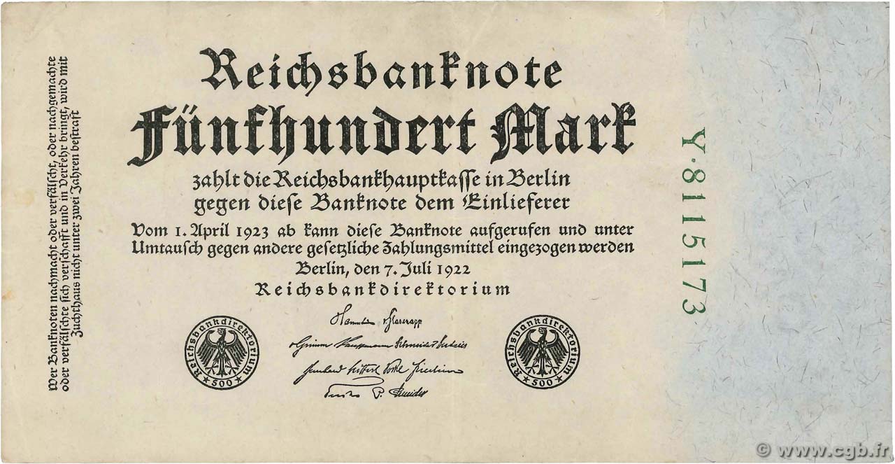500 Mark ALLEMAGNE  1922 P.074b SUP