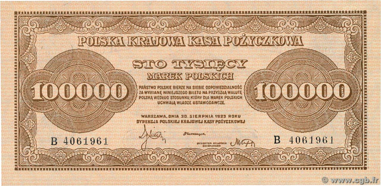 100000 Marek POLOGNE  1923 P.034a SPL