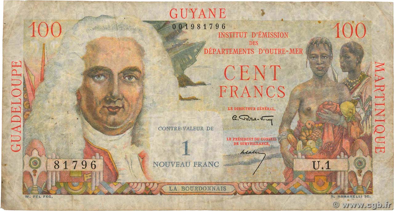 1 NF sur 100 Francs La Bourdonnais FRENCH ANTILLES  1960 P.01a q.MB