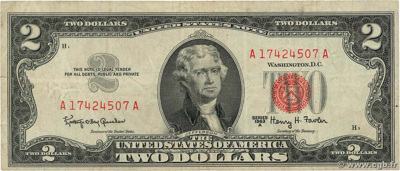 2 Dollars ÉTATS-UNIS D AMÉRIQUE  1963 P.382b TTB