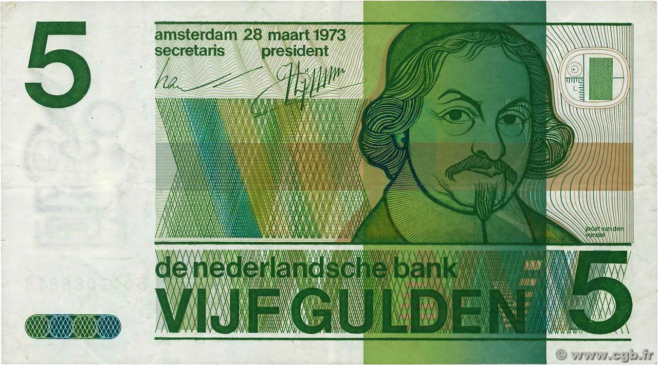 5 Gulden NETHERLANDS  1973 P.095a VF