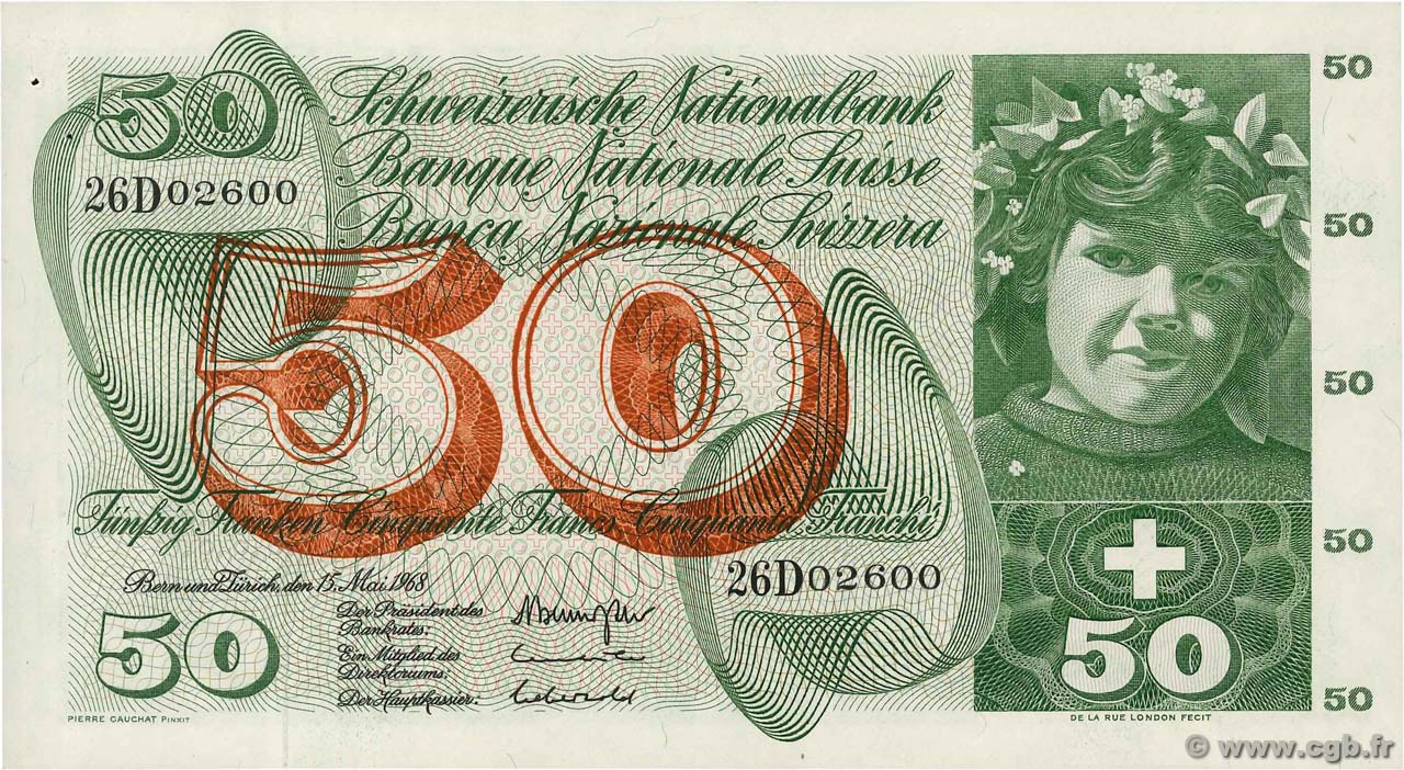 50 Francs SWITZERLAND  1968 P.48h XF