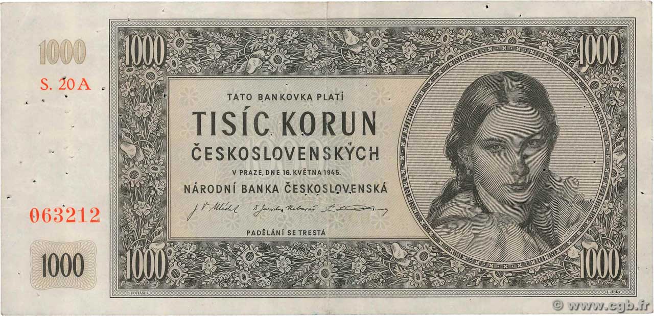 1000 Korun CZECHOSLOVAKIA  1945 P.074a VF