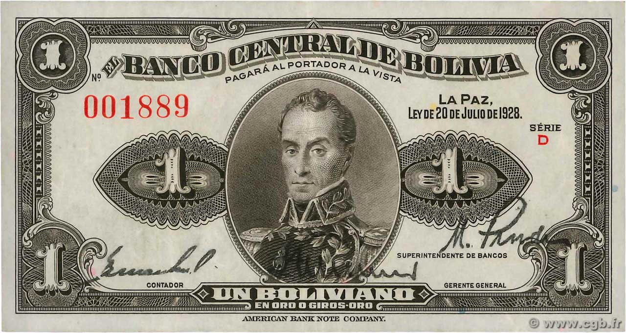 1 Boliviano BOLIVIA  1928 P.119a XF