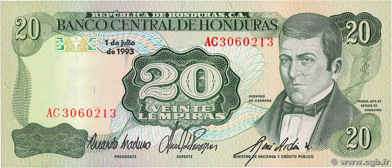 20 Lempiras HONDURAS  1993 P.065d UNC