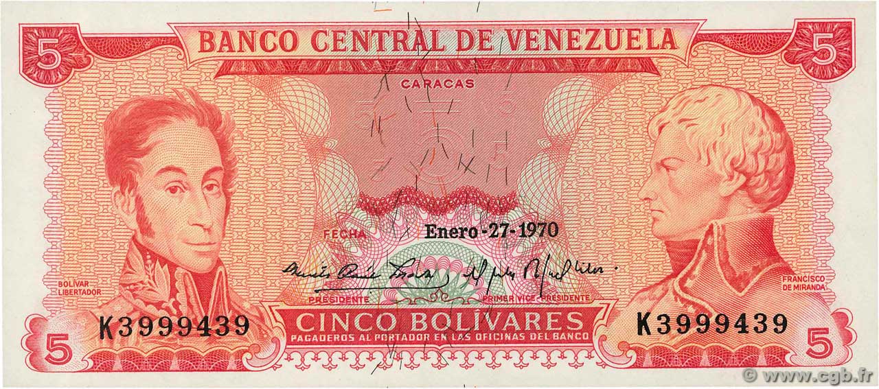 5 Bolivares VENEZUELA  1970 P.050d FDC