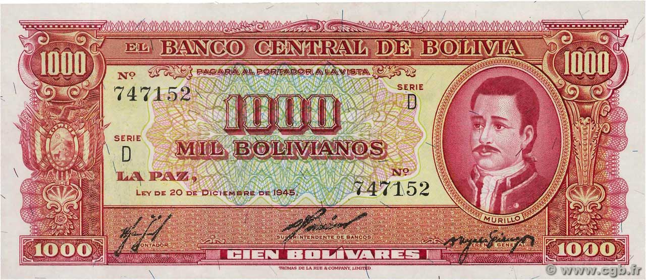 1000 Bolivianos BOLIVIA  1945 P.149 SC+