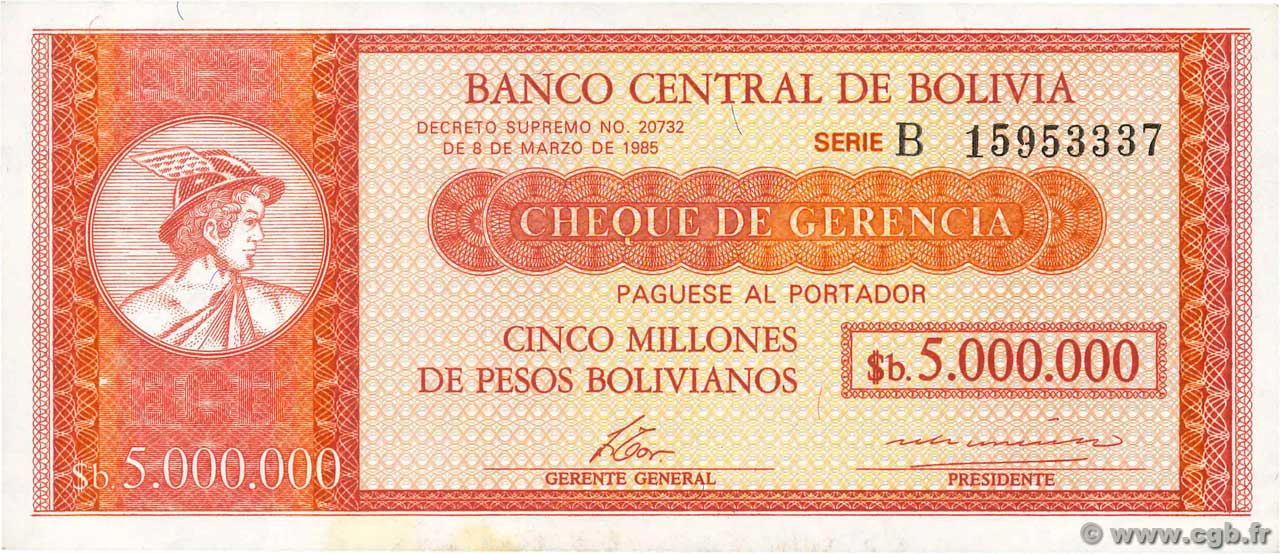 5000000 Pesos Bolivianos BOLIVIA  1985 P.192A q.FDC