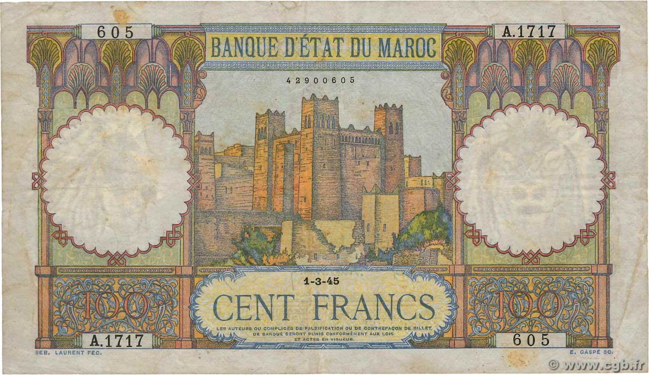 100 Francs MAROKKO  1945 P.20 S