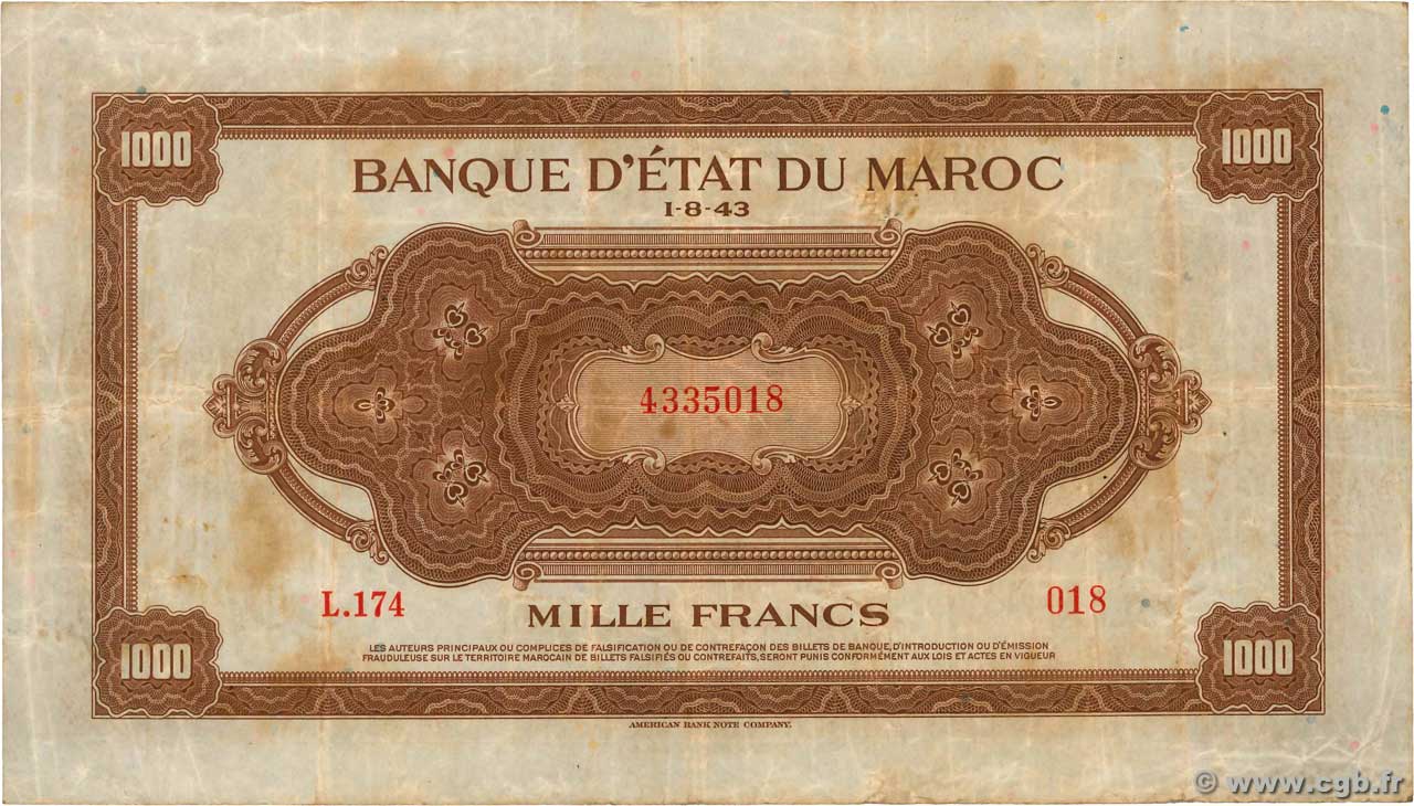 1000 Francs MAROC  1944 P.28 TB