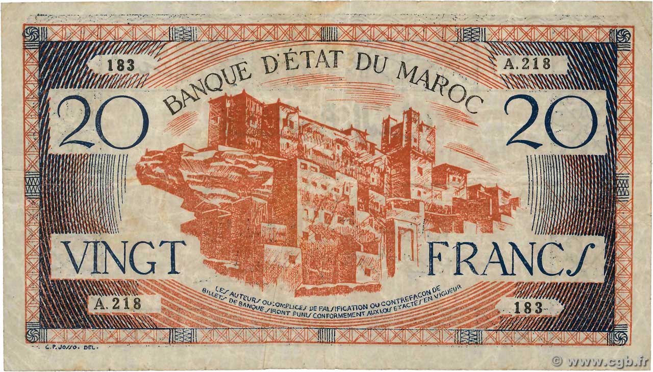 20 Francs MARUECOS  1943 P.39 BC