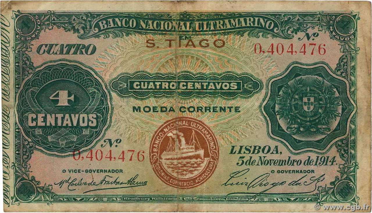 4 Centavos KAPE VERDE S. Tiago 1914 P.10 S