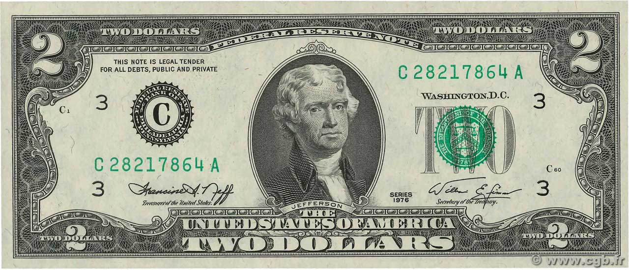 2 Dollars STATI UNITI D AMERICA Philadelphie 1976 P.461C FDC