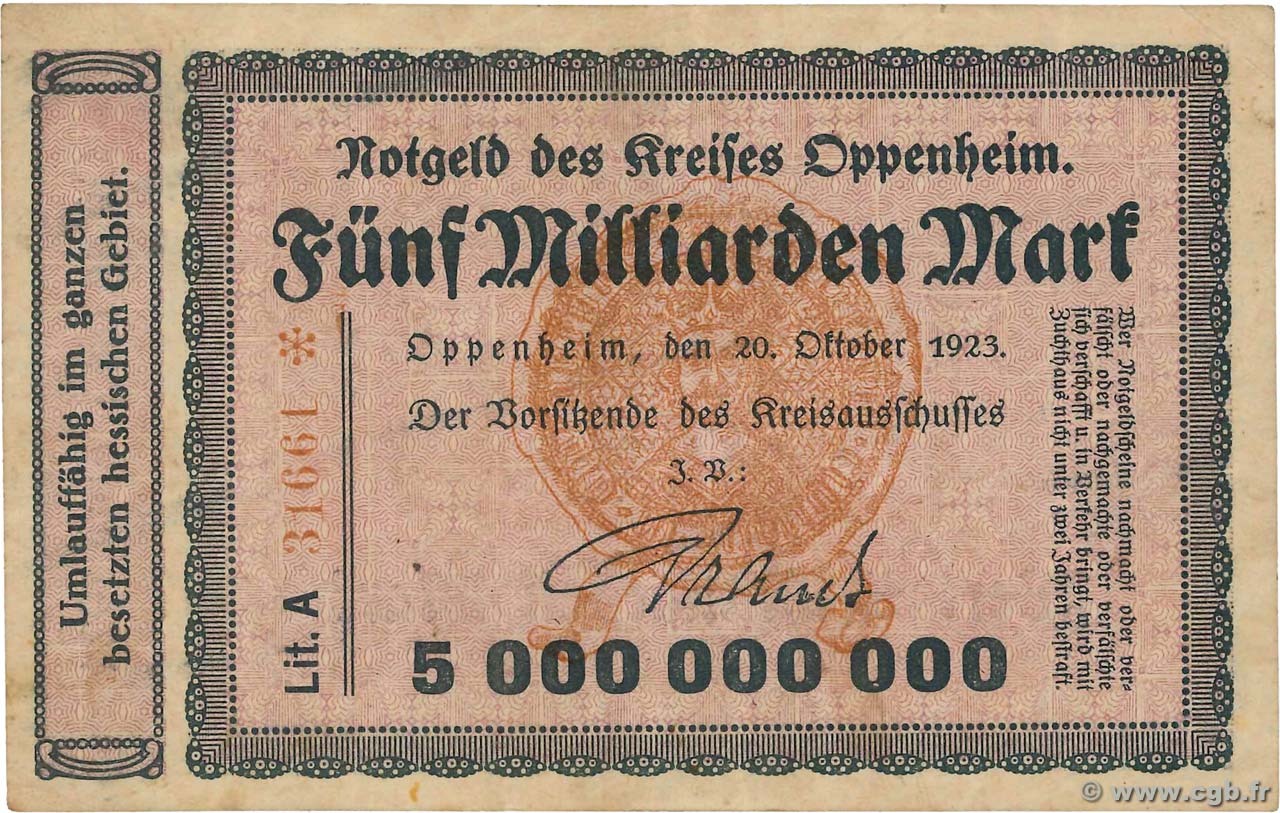5 Milliarden Mark GERMANIA Oppenheim 1923  BB