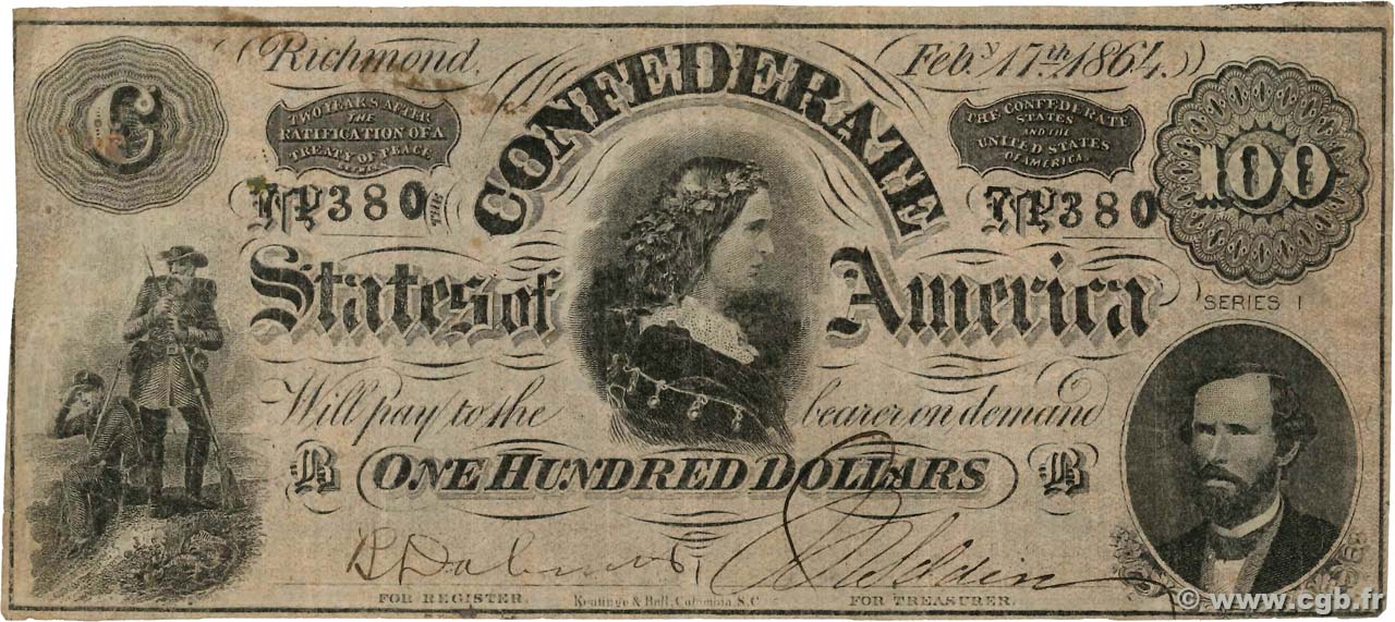 100 Dollars ÉTATS CONFÉDÉRÉS D&nbsp;AMÉRIQUE Richmond 1864 P.71 TTB
