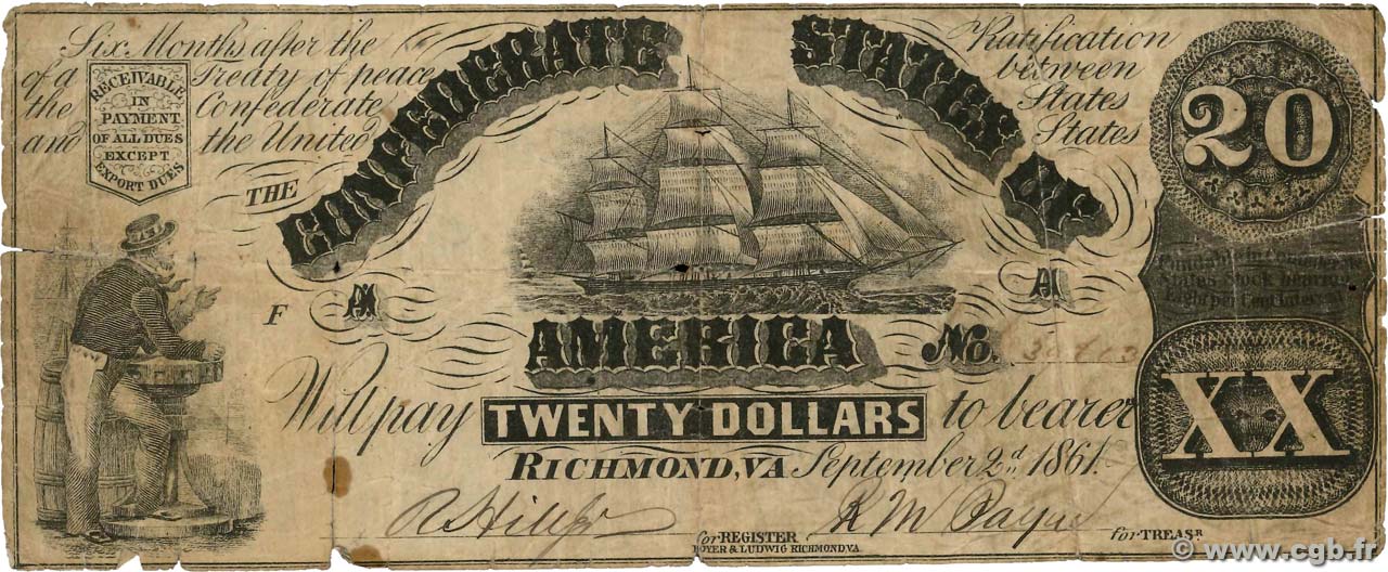20 Dollars ESTADOS CONFEDERADOS DE AMÉRICA Richmond 1861 P.31 RC