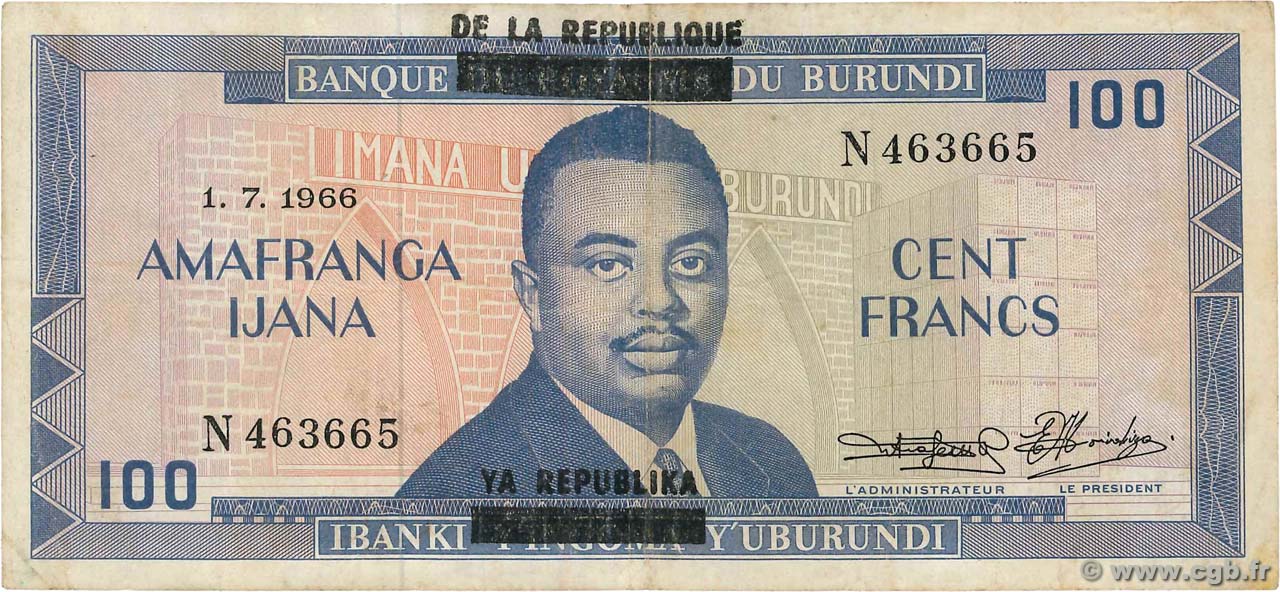 100 Francs BURUNDI  1966 P.17b F+