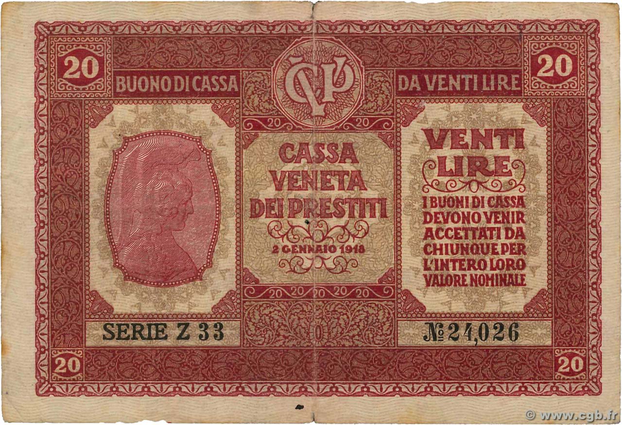 20 Lire ITALIE  1918 PM.07 TB