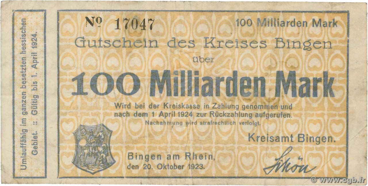 100 Milliarden Mark ALLEMAGNE Bingen 1923  TTB