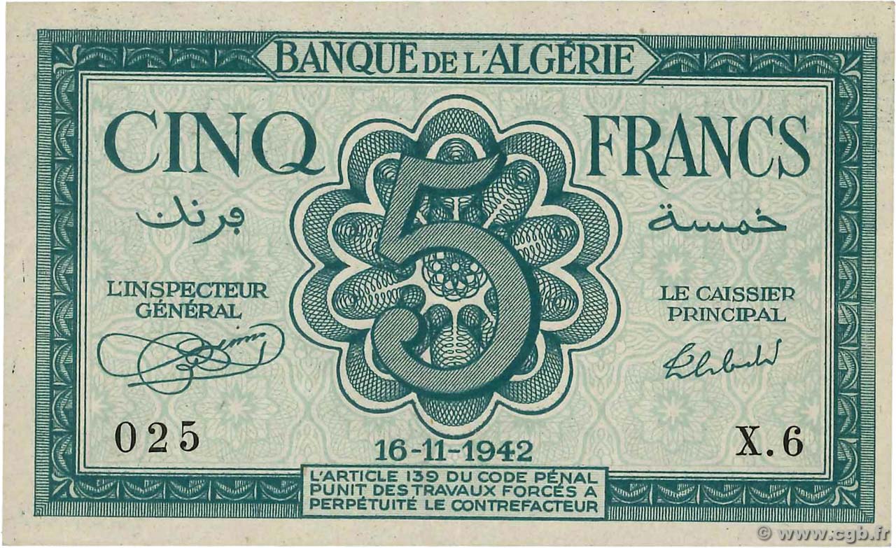 5 Francs ALGÉRIE  1942 P.091 SUP