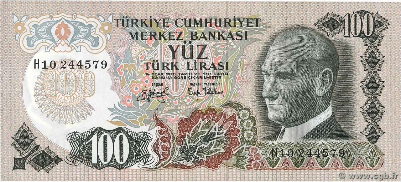 1972 P-189 UNC Turkey 100 Lira 1970