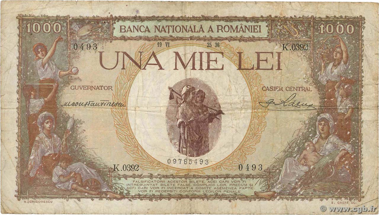 1000 Lei ROMANIA  1936 P.045a F