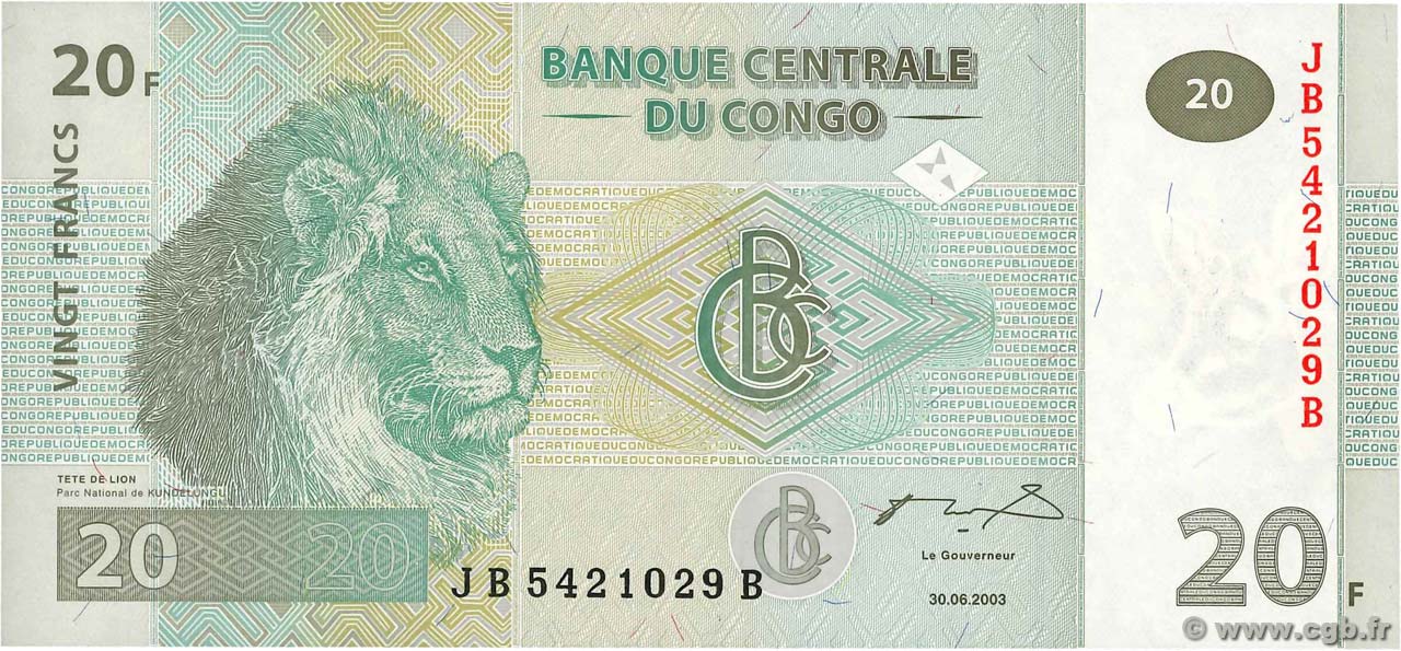 20 Francs CONGO, DEMOCRATIQUE REPUBLIC  2003 P.094A UNC