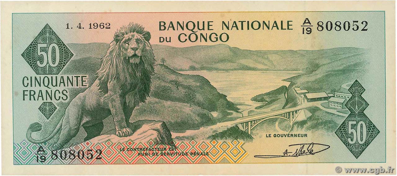 50 Francs CONGO, DEMOCRATIC REPUBLIC  1962 P.005a AU